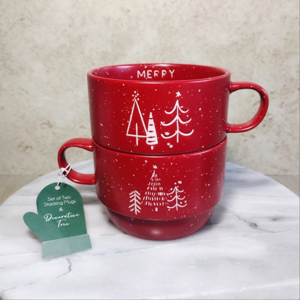 208 Park Set Of 2 Red and White Speckled Christmas Merry Joy Mugs 16 oz